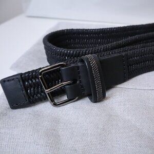 Brunello Cucinelli Belt Black Raffia Monili Leather Trim Stretch Size Medium